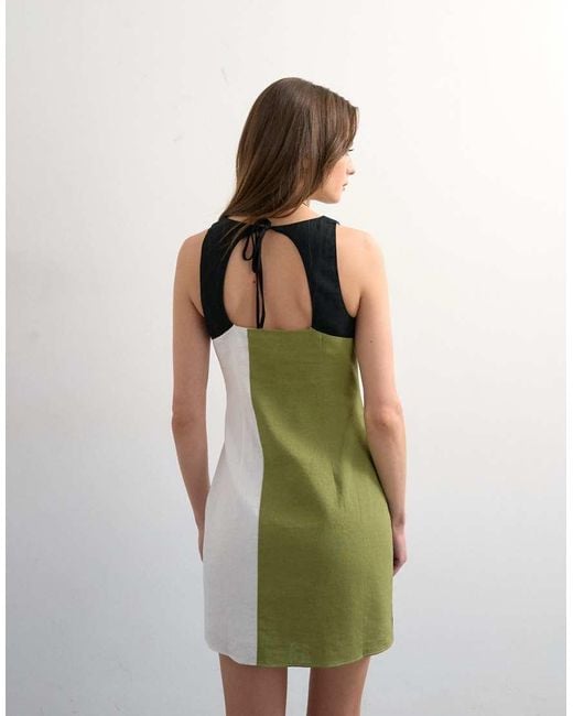 TOPSHOP Green Linen Rich Open Back Mini Dress
