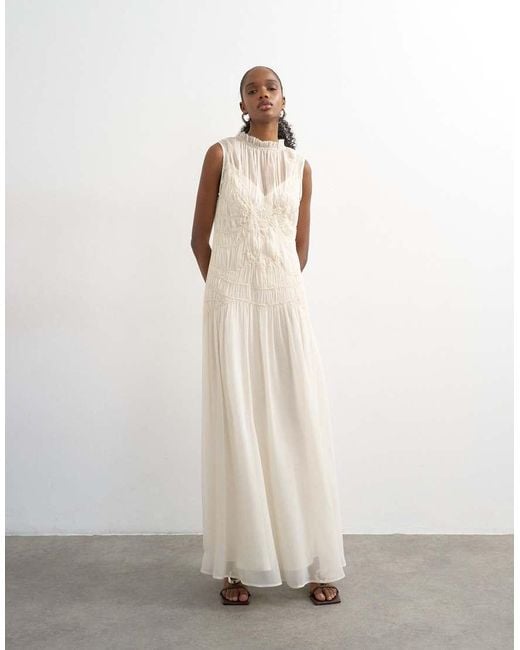 TOPSHOP Blue Chiffon Sleeveless Maxi Dress With Ruched Artwork