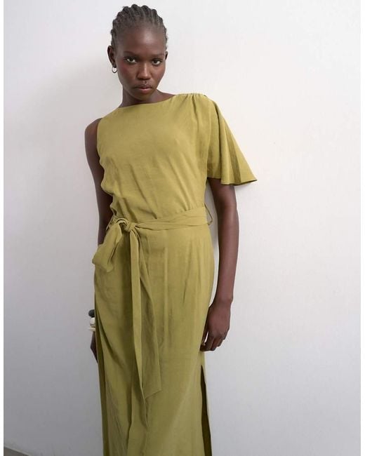 TOPSHOP Green Asymmetric Sleeve Tie Waist Cupro Maxi Dress