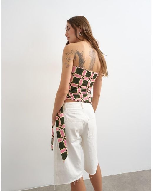 TOPSHOP Natural Check Print Tie Detail Bandeau Top