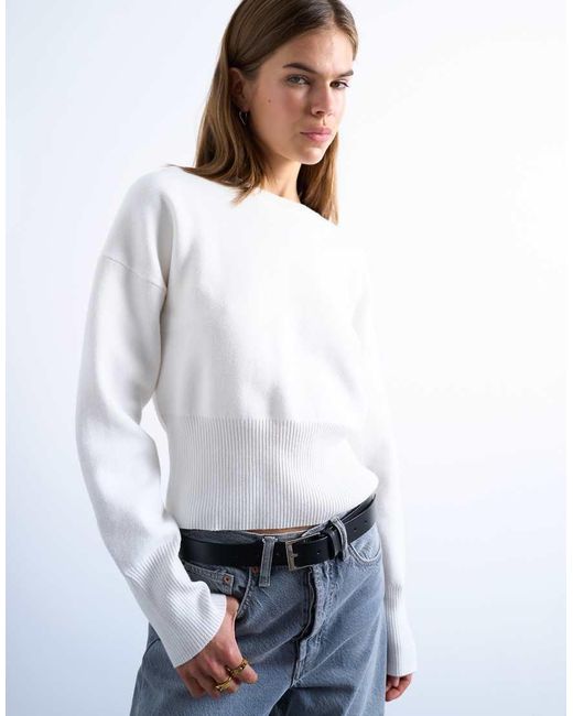 TOPSHOP White Knitted Clean Cinch Waist Jumper