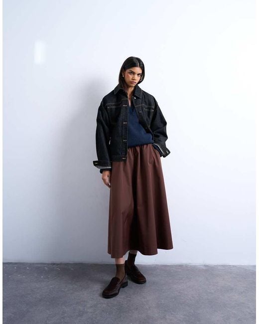 TOPSHOP Brown Full Circle Midi Skirt With Elasticated Waist