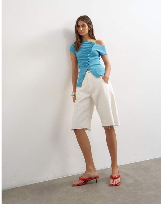 TOPSHOP Blue Bardot Button Through Top