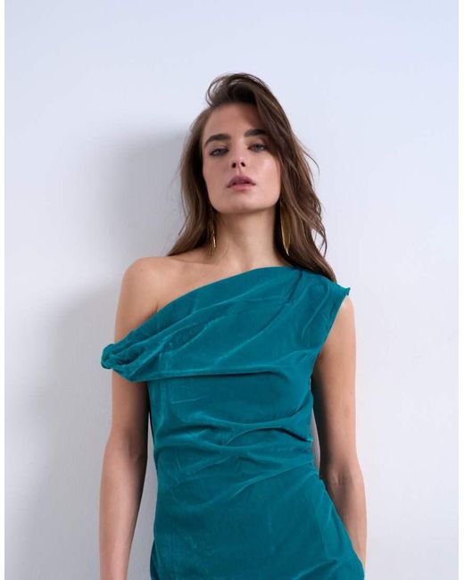 TOPSHOP Blue Grown On Twist Shoulder Velvet Mini Dress