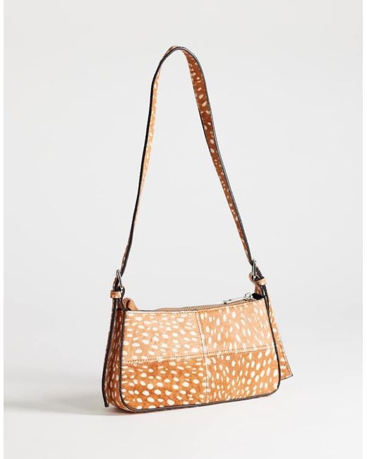 TOPSHOP Natural Bam Small Deer Print Hair On Leather Panel Shoulder Bag