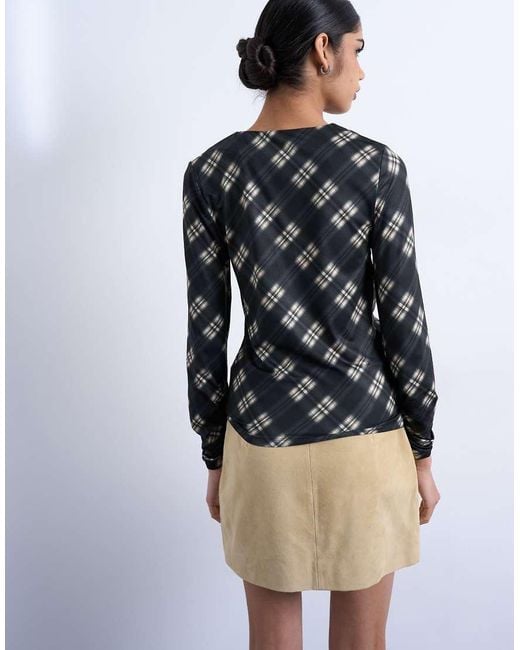 TOPSHOP Black Check Print Ruched Asymmetric Long Sleeve Top