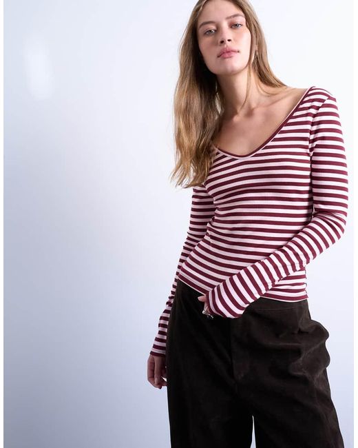TOPSHOP Red Stripe V-neck Top