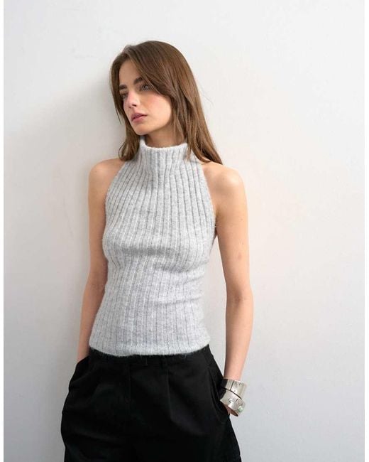 TOPSHOP Blue Knit Drape Neck Low Back Top