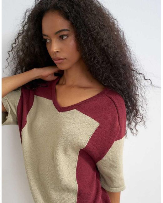 TOPSHOP Green Knitted Drawstring Colour Block Top