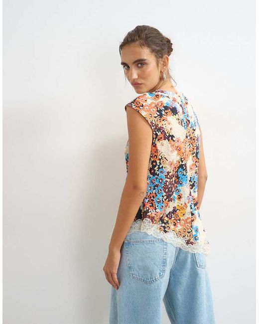 TOPSHOP Blue Cap Sleeve Asymmetric Tie Front Lace Detail Top