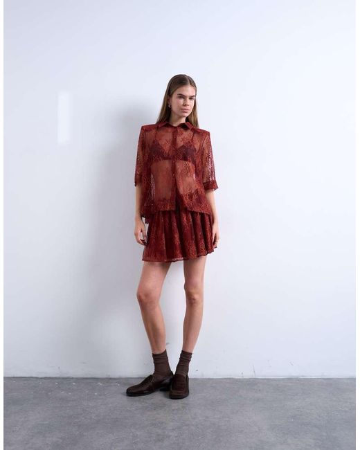 TOPSHOP Red Sheer Lace Shirt