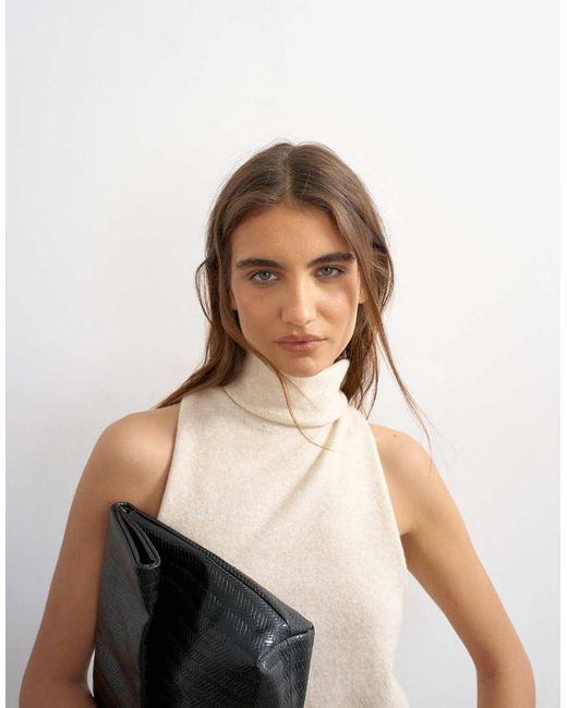 TOPSHOP White Knitted High Funnel Neck Sleeveless Twist Back Top