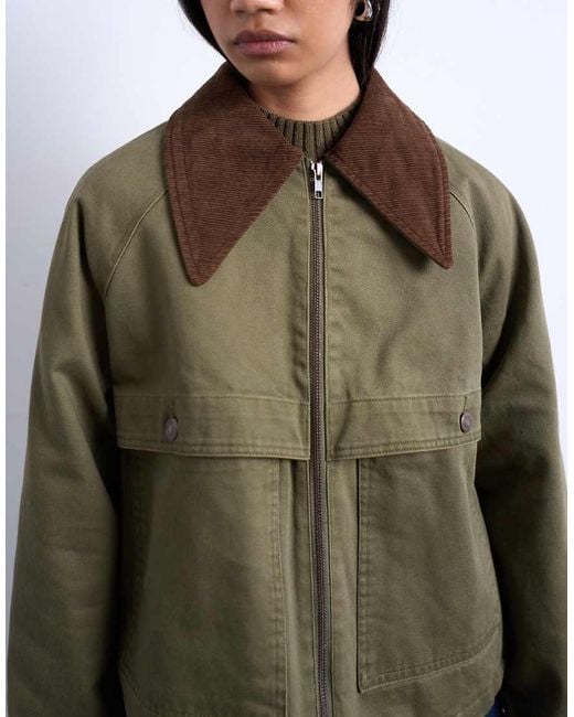 TOPSHOP White Denim Padded Barn Jacket With Contrast Cord Collar