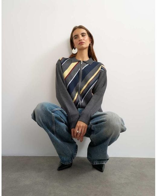 TOPSHOP Blue Knitted Asymmetric Stripe Jacket