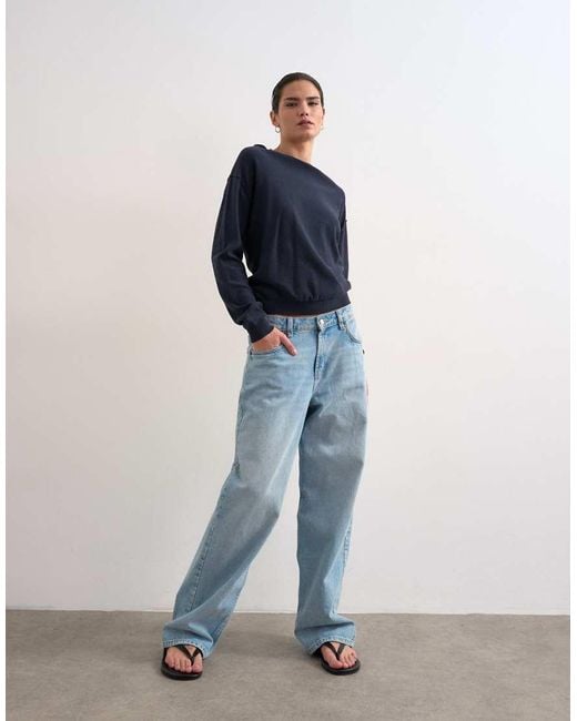 TOPSHOP Blue Knitted Button Back Jumper