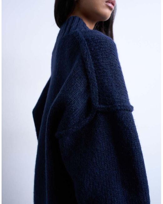 TOPSHOP Blue Knitted High V-Neck Oversized Longline Jumper