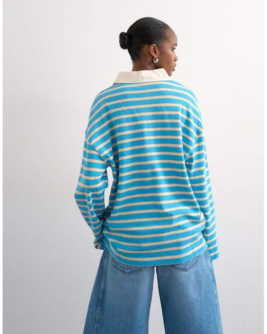 TOPSHOP Blue Terrycloth Stripe Long Sleeve Polo