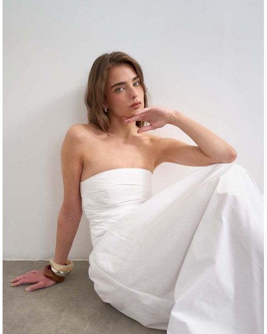 TOPSHOP White Poplin Ruched Bandeau Midi Dress
