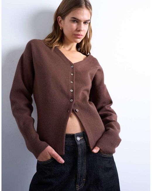TOPSHOP Brown Knitted V Neck Longline Clean Cinch Waist Cardigan