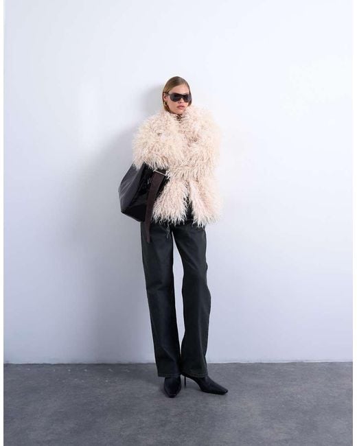TOPSHOP White Mongolian Faux Fur Funnel Neck Mid Length Coat
