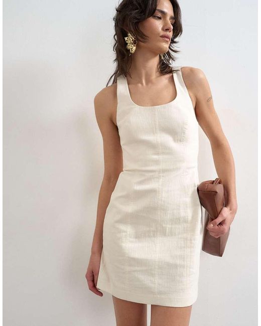 TOPSHOP Natural Cotton Scoop Neck Heavy Twill Seamed Mini Dress
