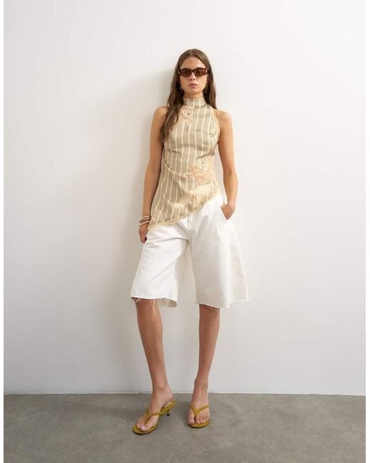 TOPSHOP Natural Premium Halter Neck Top With Contrast Lace Detail