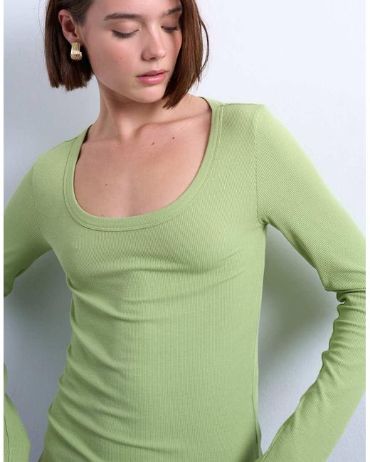 TOPSHOP Green Premium Rib Long Sleeve Wide Scoop Neck Top