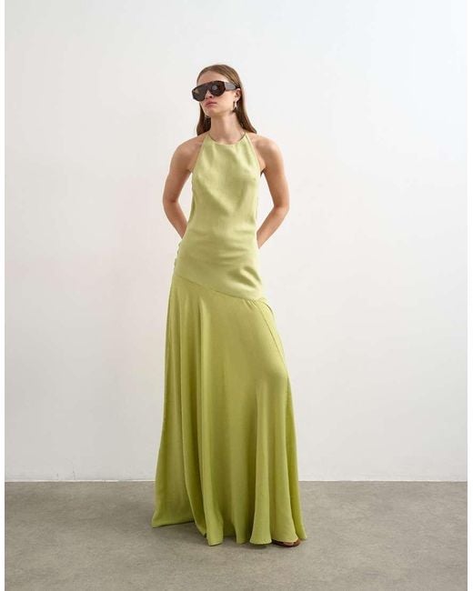 TOPSHOP Green Satin Halter Neck Maxi Dress Beaded Back Detail