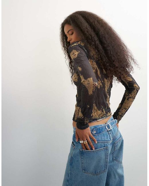 TOPSHOP Gray Crinkle Mesh Print Asymmetric Neck Long Sleeve Top