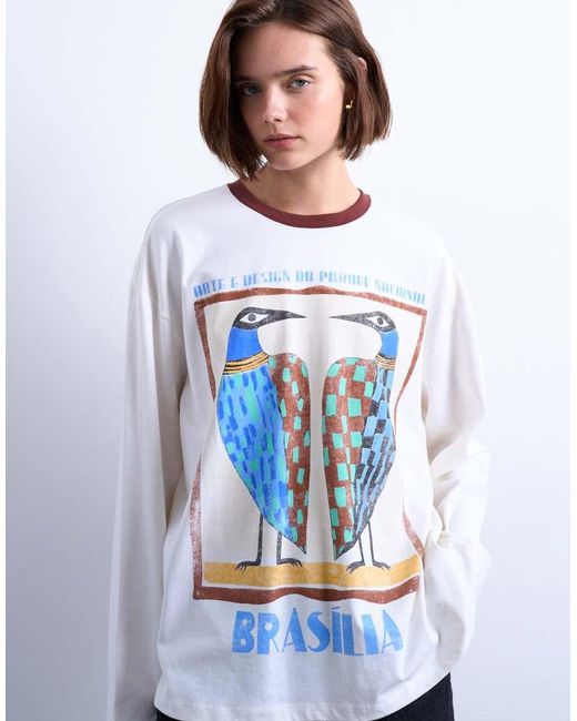 TOPSHOP White Graphic Brasilia Contrast Ringer Skater Tee