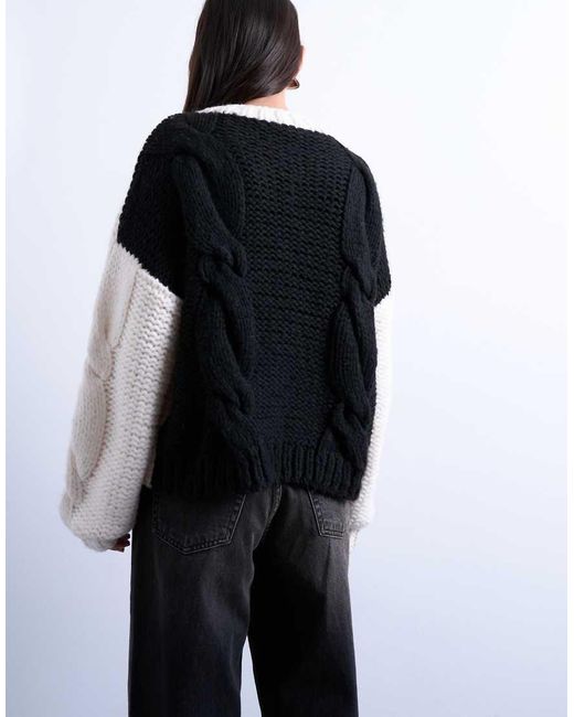 TOPSHOP White Knitted Premium Chunky Cable Colour Block Cardigan
