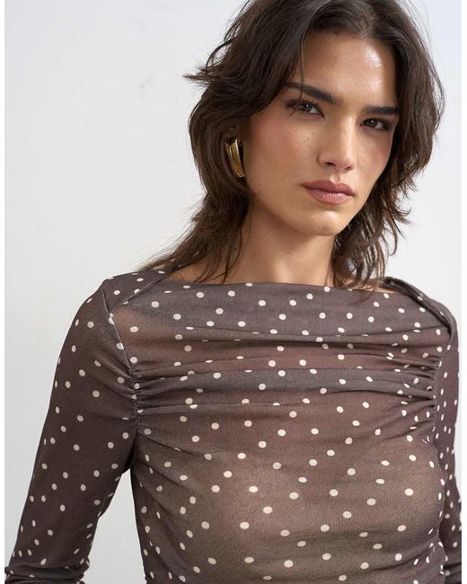 TOPSHOP Brown Mesh Slash Neck Long Sleeve Top