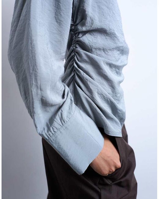 TOPSHOP Blue Long Sleeve Ruched Side Top