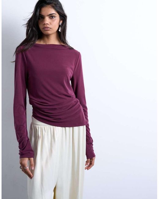 TOPSHOP Purple Cupro Long Sleeve Hitch Side Detail Top