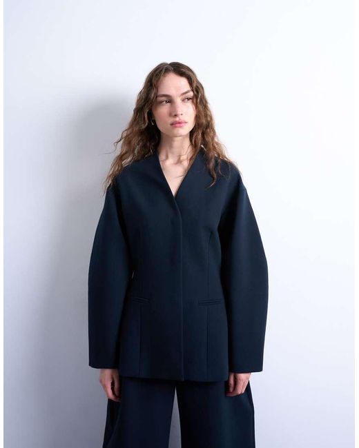 TOPSHOP Blue Collarless Structured Blazer