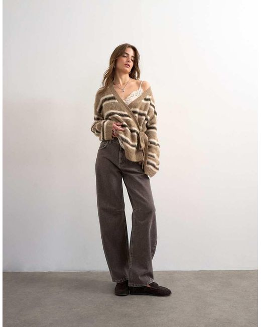 TOPSHOP Natural Knitted Fluffy Stripe Wrap Tie Cardigan