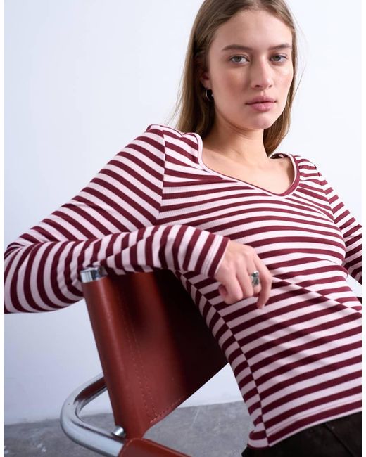 TOPSHOP Red Stripe V-neck Top