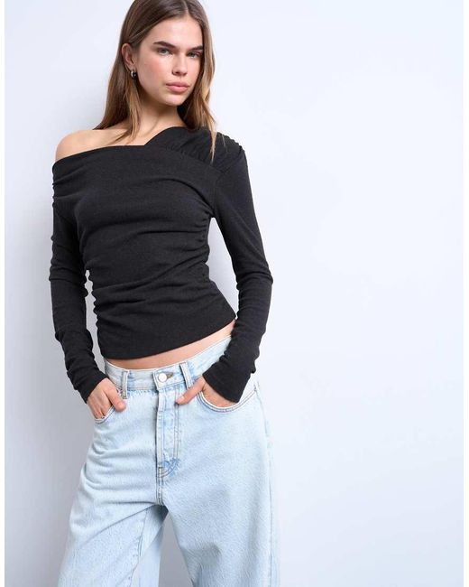 TOPSHOP Blue Soft Touch Ruched Off Shoulder Top