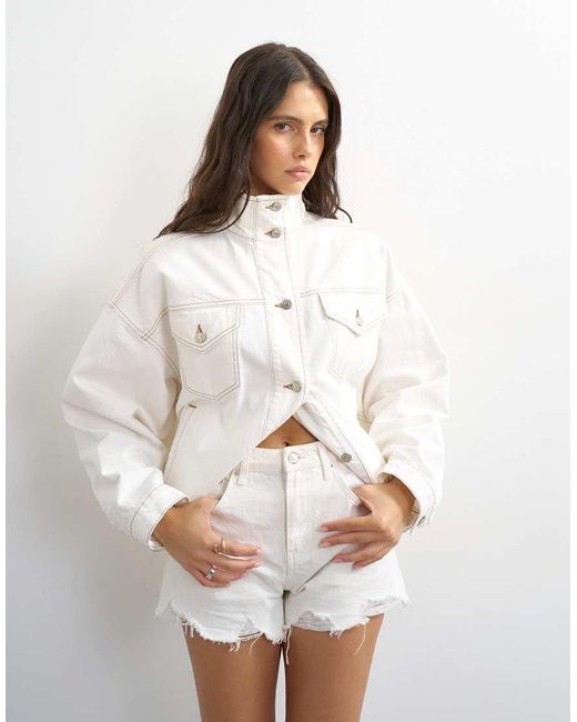 TOPSHOP White Denim Funnel Neck Elastic Hem Detail Jacket