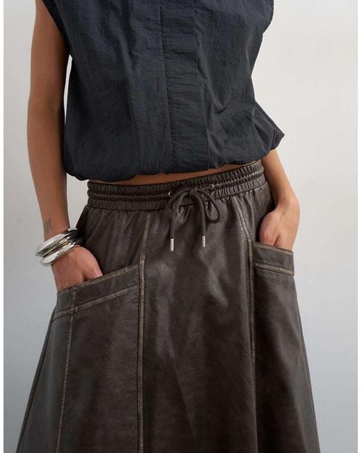 TOPSHOP Black High Shine Leather Look Midi Skirt With Side Pockets