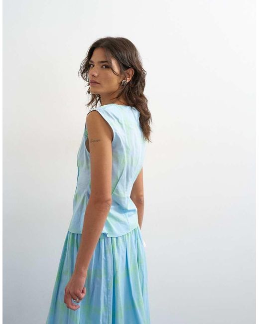 TOPSHOP Blue Co-ord Grown On Neck Pin Tuck Top