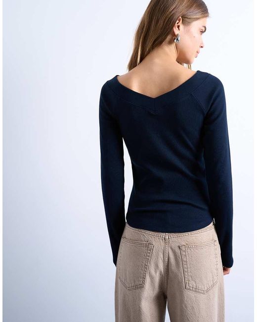 TOPSHOP Blue Rib Raglan V-Neck Long Sleeve Top