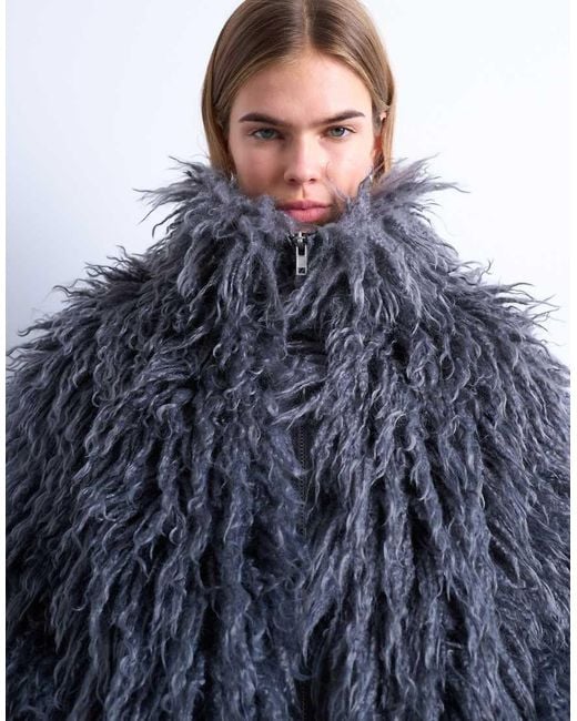 TOPSHOP Blue Zip Through Mongolian Faux Fur Bomber