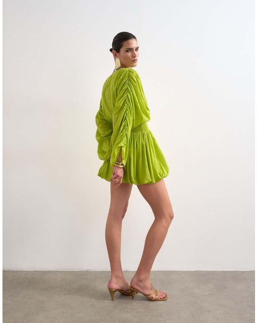 TOPSHOP Green Cotton Long Sleeved Deep Plunge Bubble Hem Mini Dress