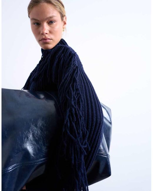 TOPSHOP Blue Knitted High Neck Fringe Jumper