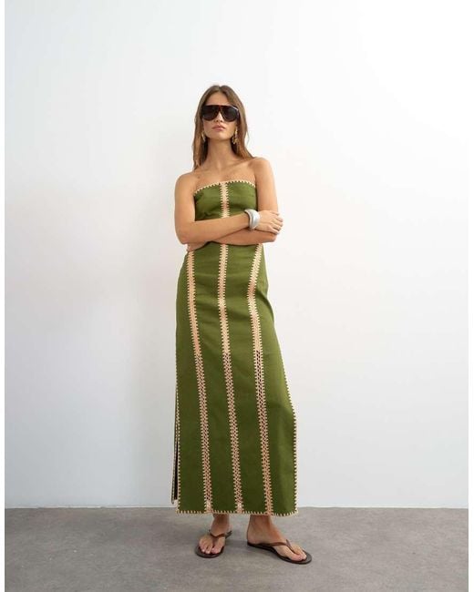 TOPSHOP Green Contrast Crochet Detail Bandeau Maxi Dress