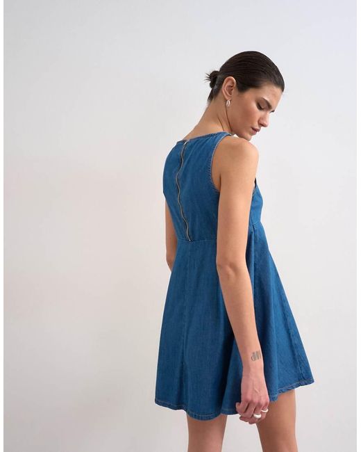TOPSHOP Blue Denim Slash Neck Flippy Mini Dress