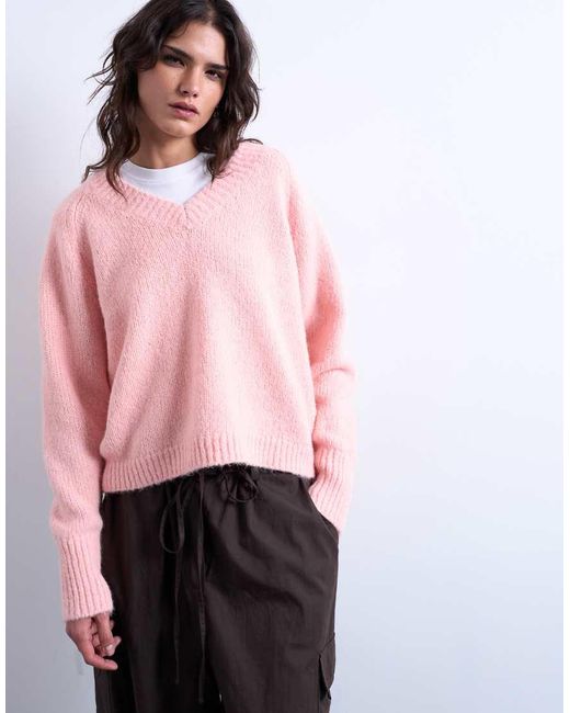 TOPSHOP Red Knitted Wool Blend Fluffy V Neck Jumper
