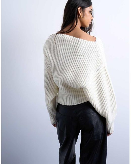 TOPSHOP White Knitted Slash Neck Jumper