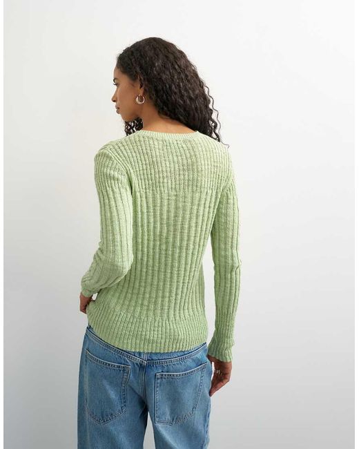 TOPSHOP Green Knitted Long Sleeve Slim Fit Crew Neck Ribbed Top